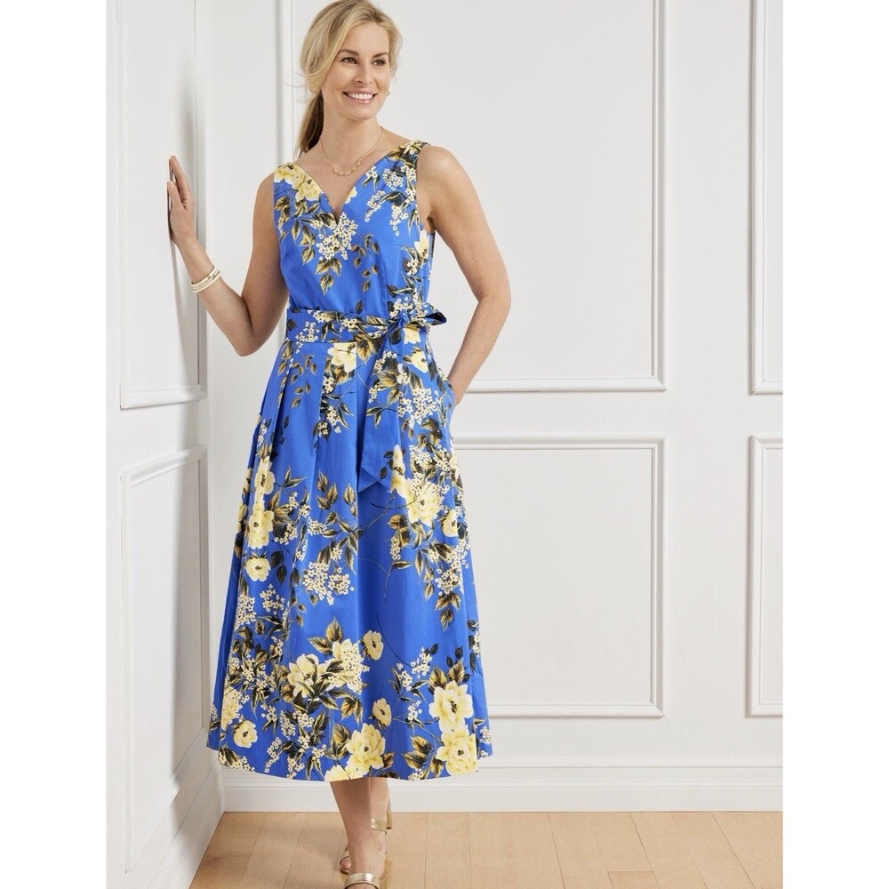 Talbots Sateen Fit & Flare Dress 12 Romantic Botanical Blue Floral Midi Pockets
